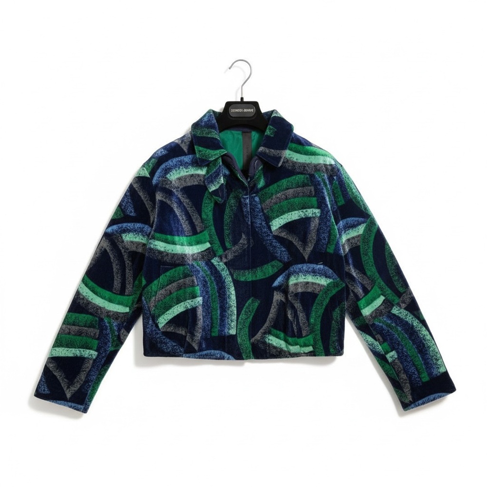 NWOT Giorgio Armani Main Line Navy Emerald Green Silk Caban Jacket, Size 40